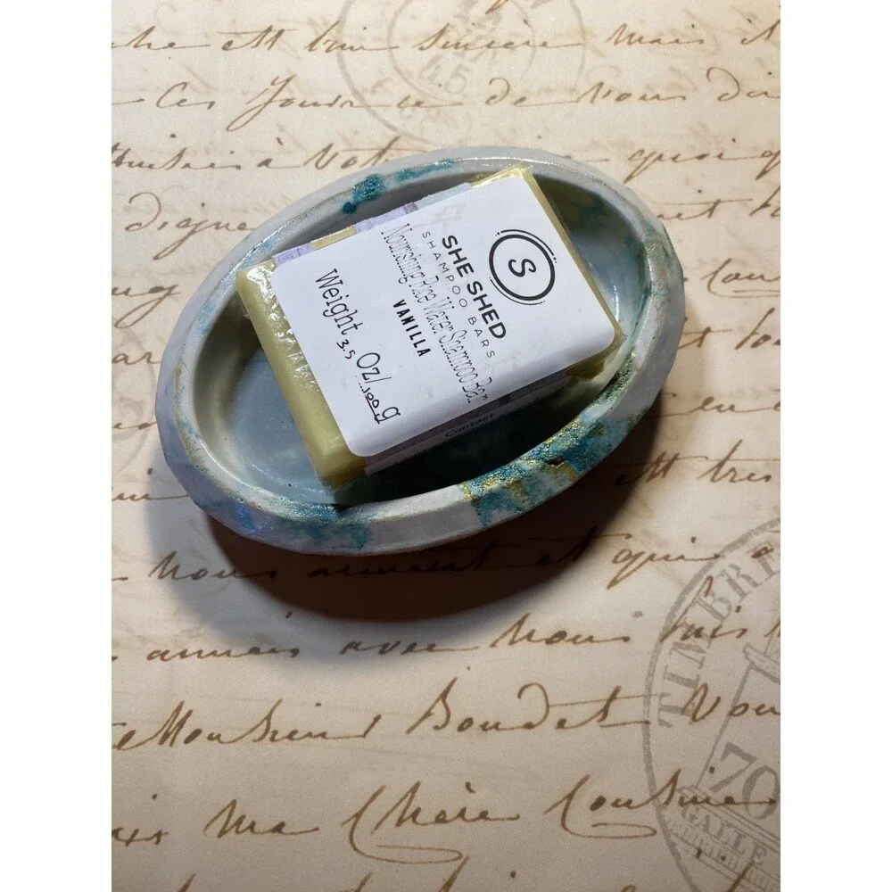 Handmade Soap Dish Cement Soap Holder Oval Bathroom Kitchen Marbled Teal